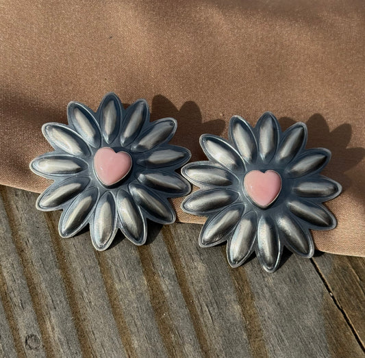 Native American Handmade Pinch Conch Heart Concho Earrings