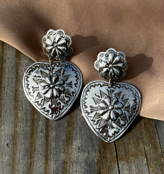 Handmade Native American Sterling Silver Concho Heart Dangle Earrings