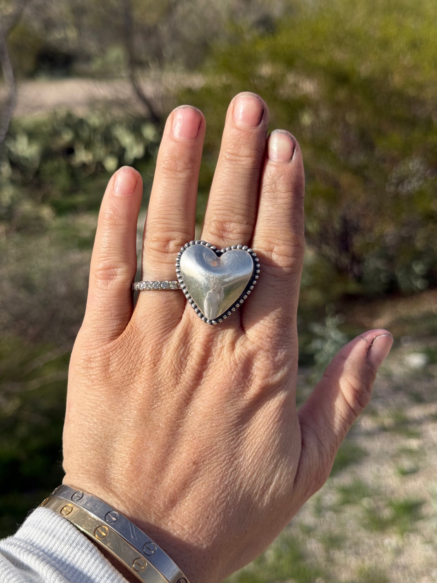 Native American Handmade Sterling Silver Bubble Heart Ring Large